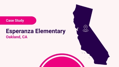 Illustration of the state of California with a map pin. The words Case Study Esperanza Elementary, Oakland, CA, appear beside the illustration