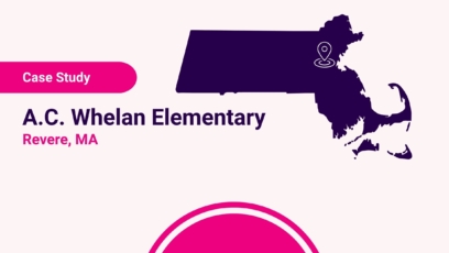 Illustration of the state of Massachusetts with a map pin. The words Case Study, A.C. Whelan Elementary, Revere, MA appear beside the illustration