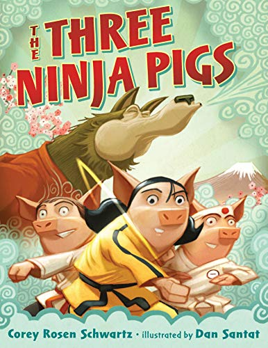 A light blue book cover with a drawing of three pigs dressed as ninjas and a wolf in a red robe blowing air from his mouth with the title "The Three Ninja Pigs"