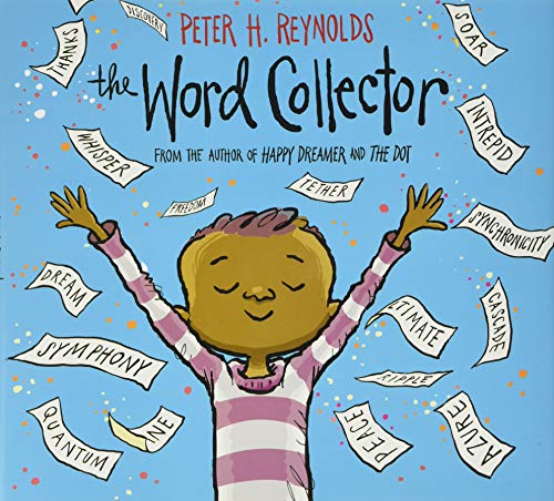 A blue book cover with a drawing of a young Black boy lifting his arms as slips of paper with words written on them float around him . The title at the top is "The Word Collector"