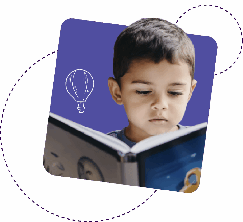 Purple square with photo of a little boy reading a book