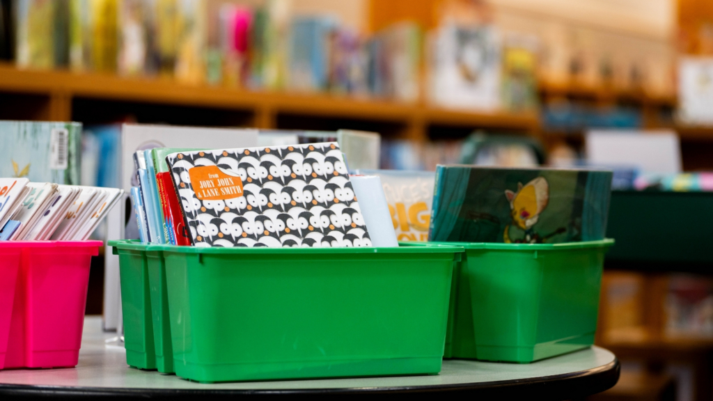 Classroom bin with workbooks