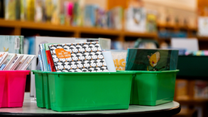 Classroom bin with workbooks