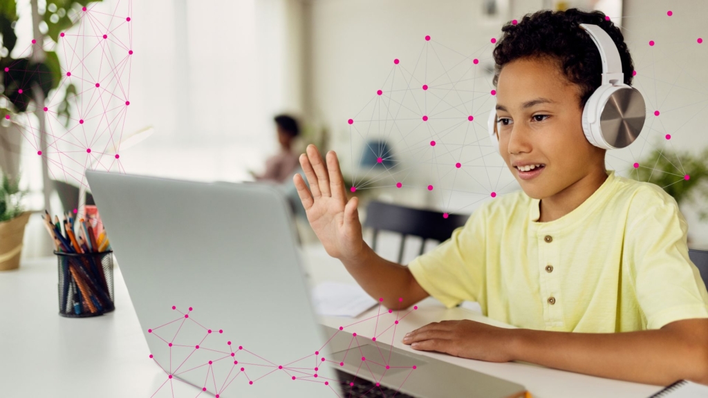 Student doing virtual online learning with AI design elements