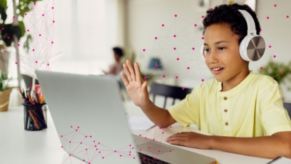 Student doing virtual online learning with AI design elements