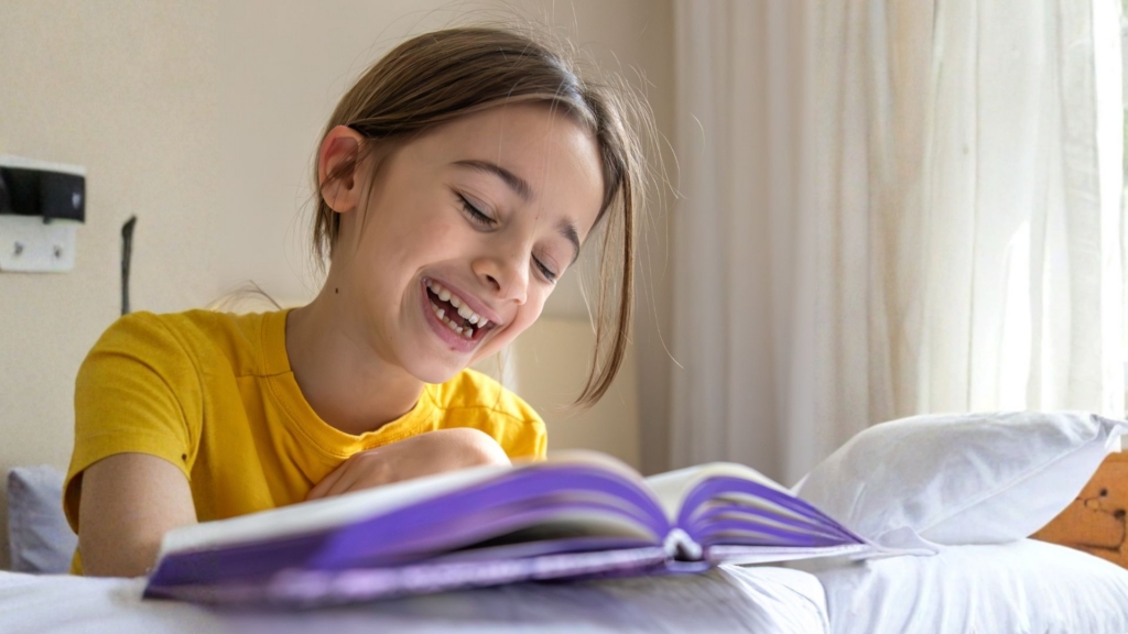 Girl laughing while reading a book at home