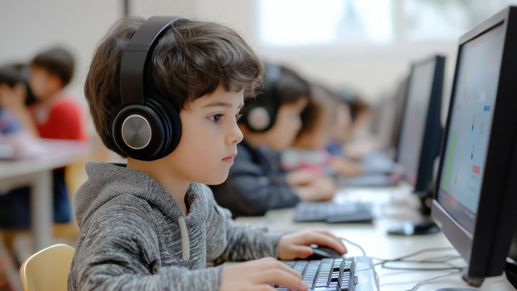 Boy Using Computer in a Classroom Wearing Headphones
