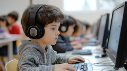 Boy Using Computer in a Classroom Wearing Headphones