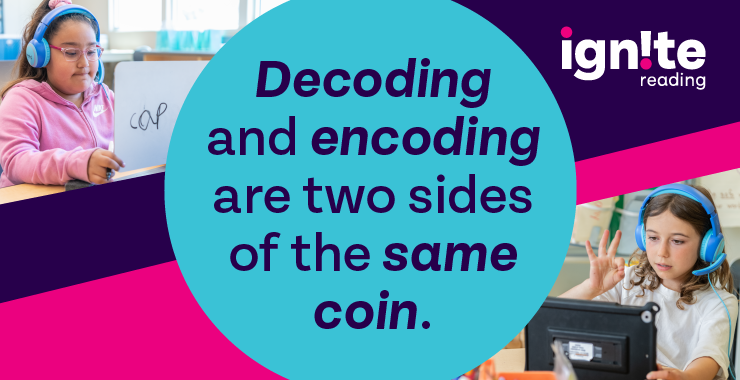 Text in a circle reads decoding and encoding are two sides of the same coin. on side are photos of students practicing their foundational reading skills with their virtual tutors.