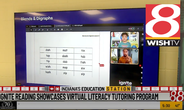 A screenshot of a WISH-TV news segment shows a virtual tutoring session going on at the Emma Donnan school in Indianapolis