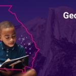 Boy reading a book with the outline of Georgia state behind him and mountains in the background