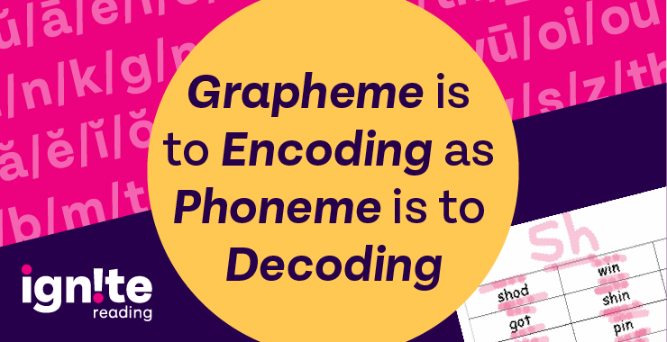 the words grapheme is to encoding as phoneme is to decoding are seen in a yellow circle 