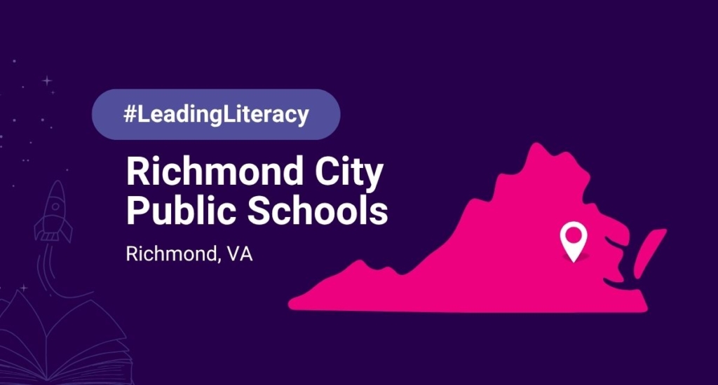 Leading Literacy Richmond City Public Schools on a purple background with a pink outline of Virginia