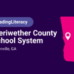 Purple box with pink outline of Georgia and text that reads #LeadingLiteracy Meriwether County School System, Greenville GA