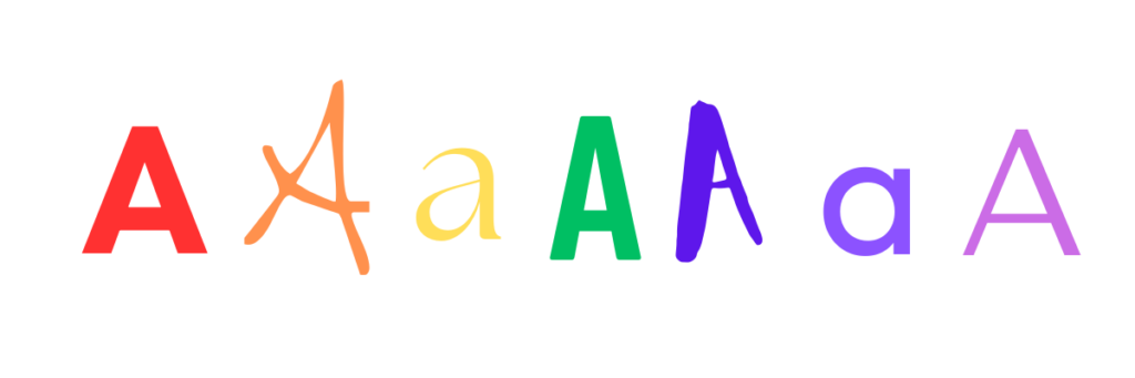 The letter A in 7 different fonts and colors