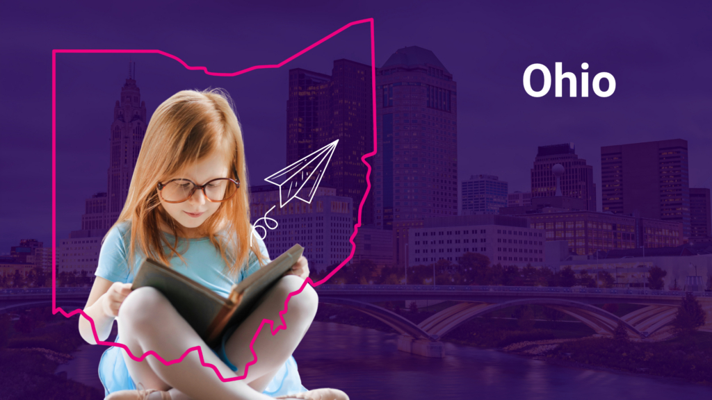 Girl reading with the Ohio state outlined around her and Columbus Ohio city as the backdrop