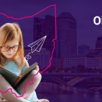 Girl reading with the Ohio state outlined around her and Columbus Ohio city as the backdrop