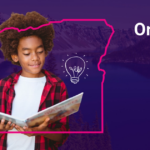 Boy reading with Oregon state outline