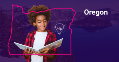 Boy reading with Oregon state outline