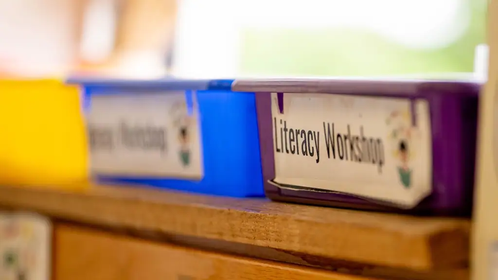 literacy workshop bins in an elementary school classroom