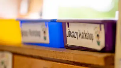 literacy workshop bins in an elementary school classroom
