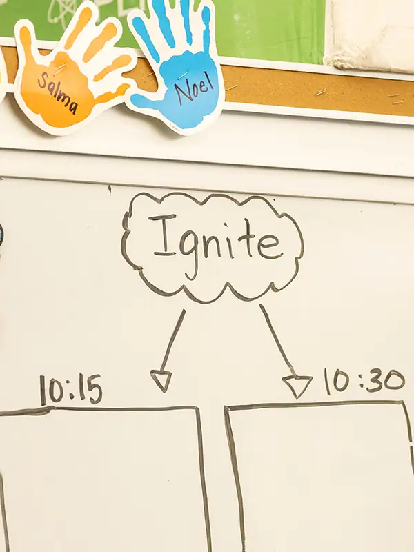 8 Strategies to Maximize Tutoring for Students & Improve Outcomes 4 a classroom schedule with the word Ignite in a little cloud and arrows pointing to times