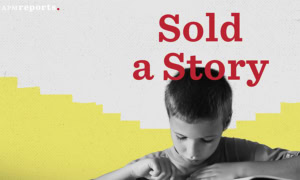 A child's head is bent over a book with the words Sold a Story over his head